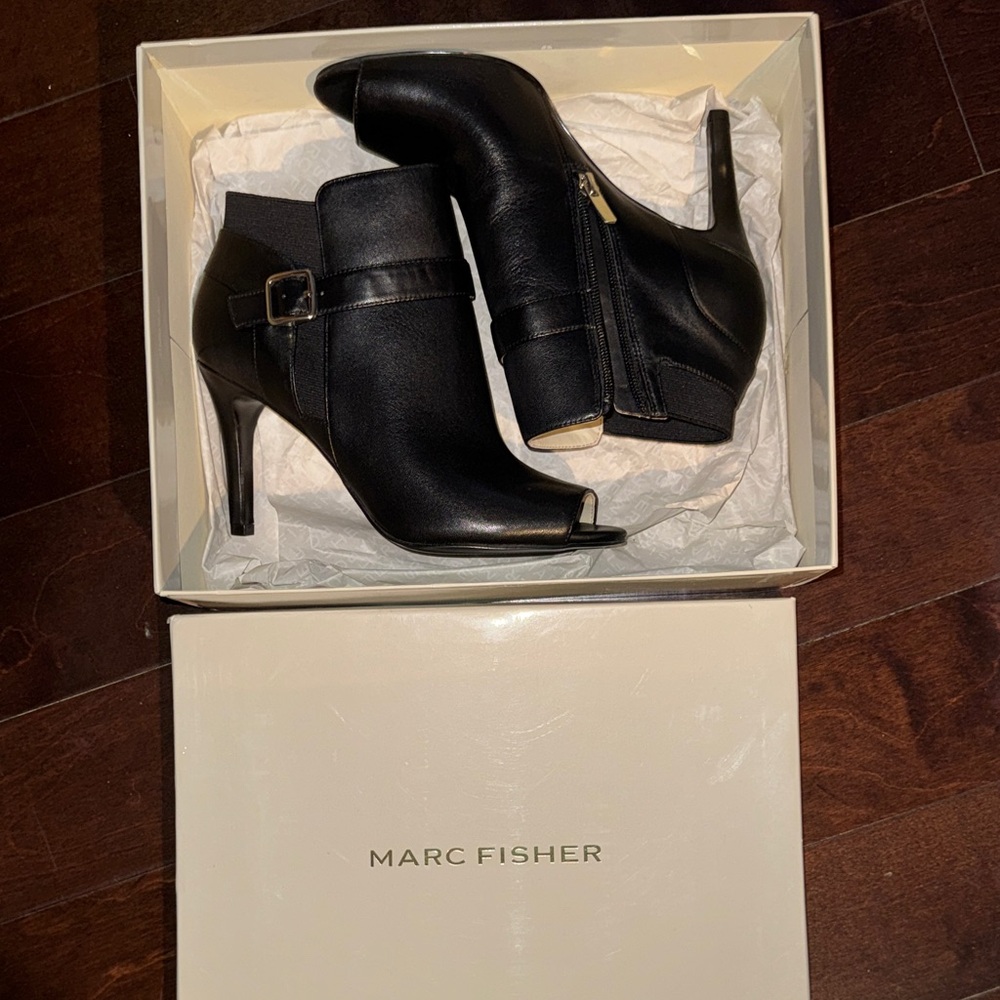 Marc Fisher Black Leather Peep-Toe Ankle Booties with Buckle